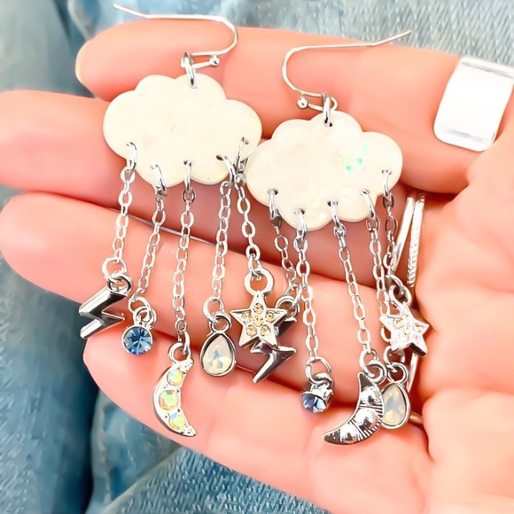 Silver Cloud Moon Star Lightning Bolt Swarovski AB Crystal Chandelier Earrings - Picture 5 of 9